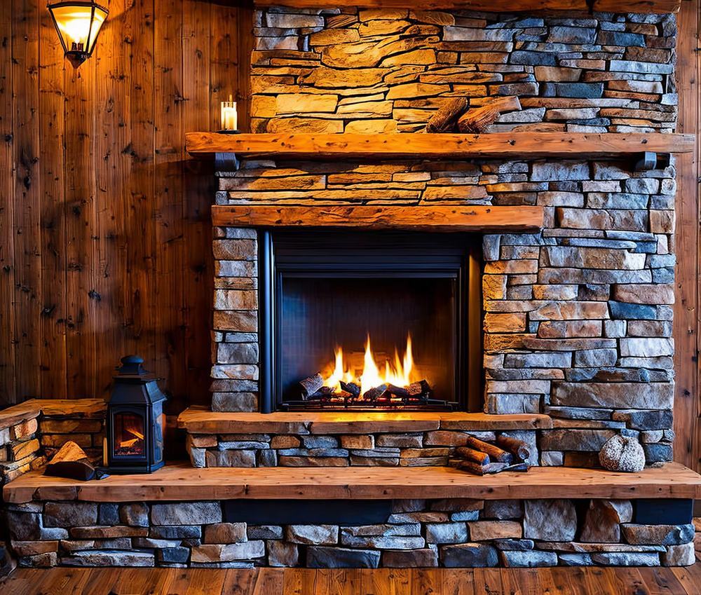 fireplace and wood interior with burning candles