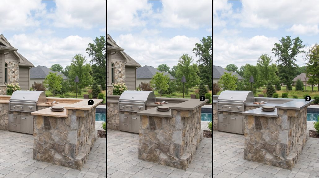 The same stone outdoor kitchen island photographed three times side by side, each with a different countertop: a warm tan natural stone top, a matte gray ultracompact slab top, and a brushed metal top, numbered one, two, and three