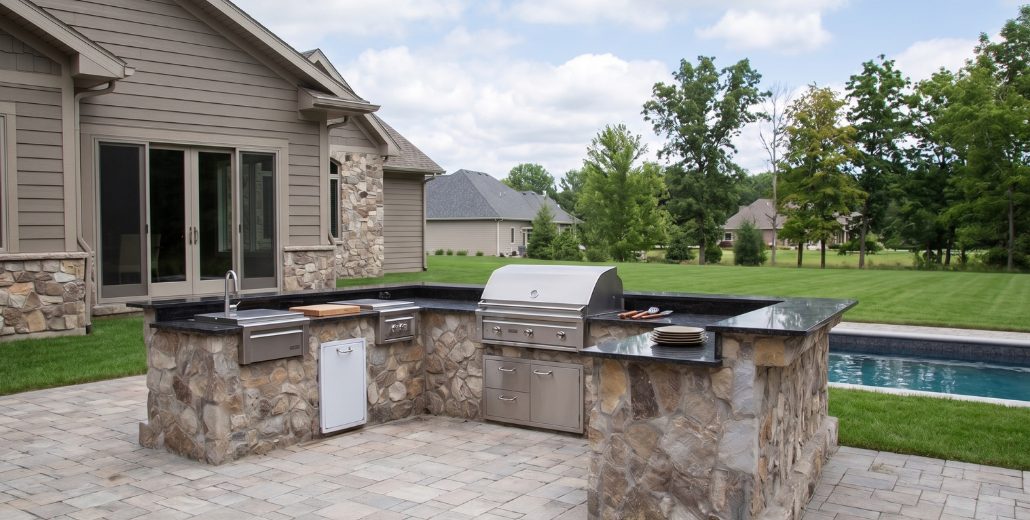An L shaped outdoor kitchen island faced in tan and gray fieldstone with a dark granite countertop, holding a built in stainless grill, sink, and storage doors, set on a paver patio beside a pool with the stone and siding of the home at left