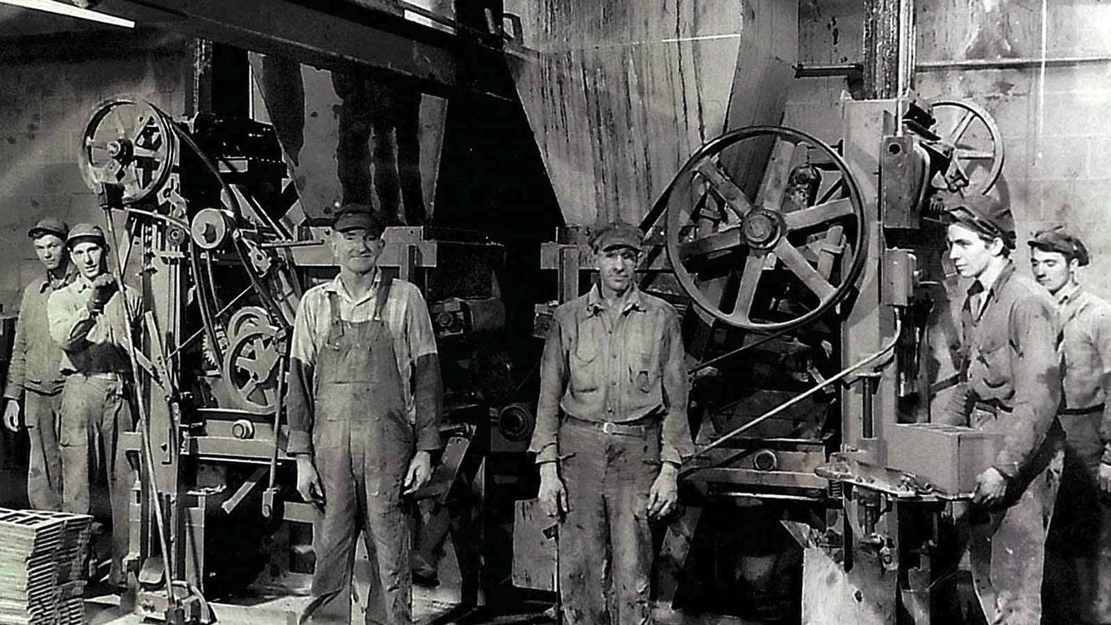 An archive photograph of the VanderWall crew at the block plant in the 1920s, from the company's hundred-year film
