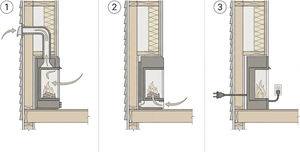 Three-panel wall cutaway line drawing comparing fireplace systems: a direct-vent gas fireplace drawing outside air and venting through the exterior wall, a vent-free gas fireplace drawing room air with no outdoor vent, and an electric fireplace connected to a wall outlet