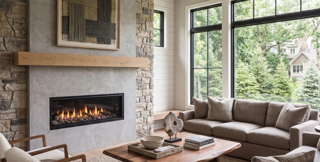 A linear gas fireplace burning in a living room with a smooth concrete surround, a thick wood mantel, stone columns on either side, and large black-framed windows looking out to trees