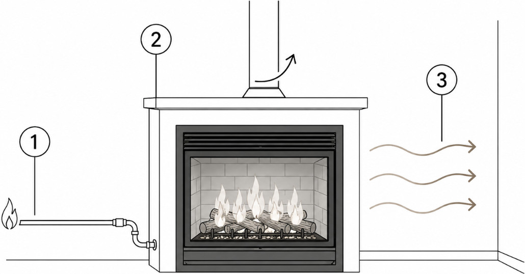 Line drawing of a gas fireplace shown in cross section with three numbered keys: a gas supply line entering at the left, the firebox and its vent rising through the mantel, and curved arrows carrying warm air out into the room