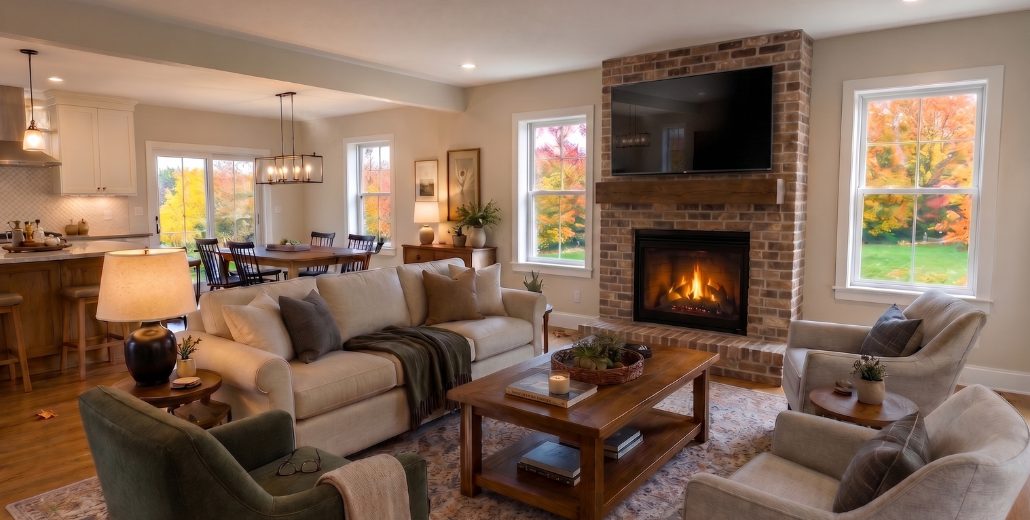An open concept living room with a lit gas fireplace set into a floor to ceiling brick surround, a television above the wood mantel, and the kitchen and dining area open beyond