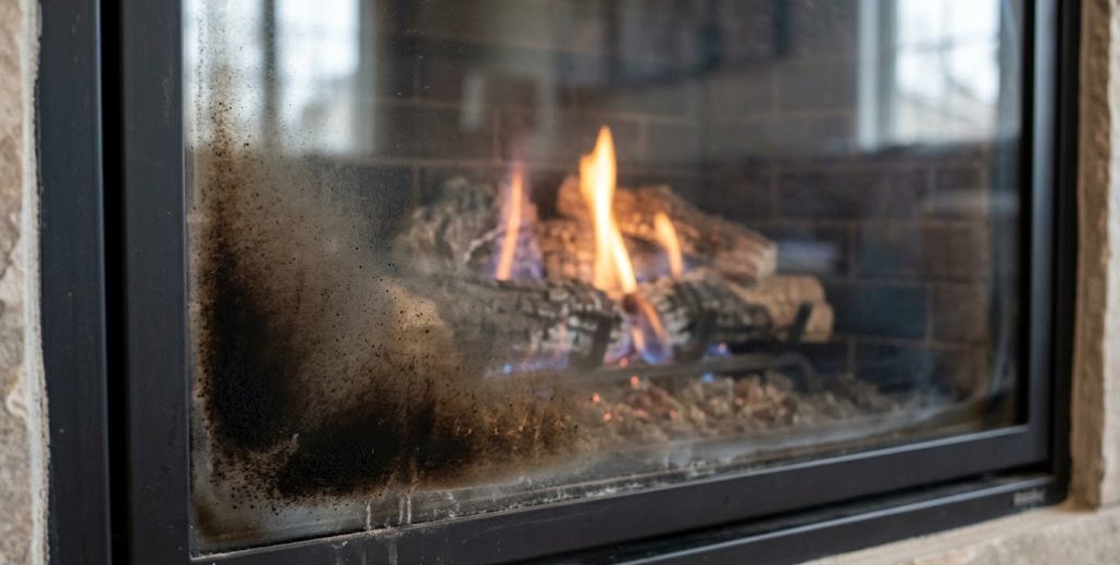 Close-up of a lit gas fireplace with a black frame, its glass heavily coated with dark soot across the lower left corner while the flames and logs show through the cleaner glass beside it