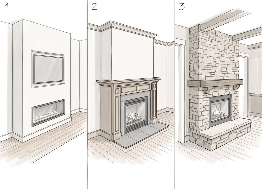 Three line drawings of gas fireplace walls, numbered one through three: a linear fireplace set flush in a white wall at floor level with a TV above and no hearth, a fireplace in a wood mantel surround with a flat noncombustible floor panel in front, and a fireplace in a stacked stone wall with a raised stone hearth