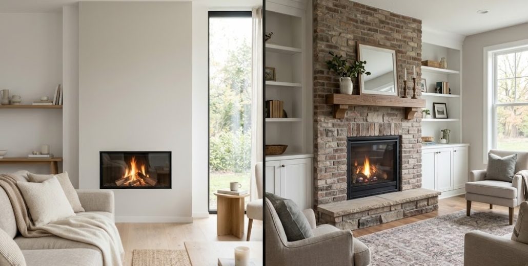 Two living rooms side by side. On the left, a linear gas fireplace set into a plain white wall at floor level with no hearth. On the right, a gas fireplace in a brick surround with a wood mantel and a raised stone hearth