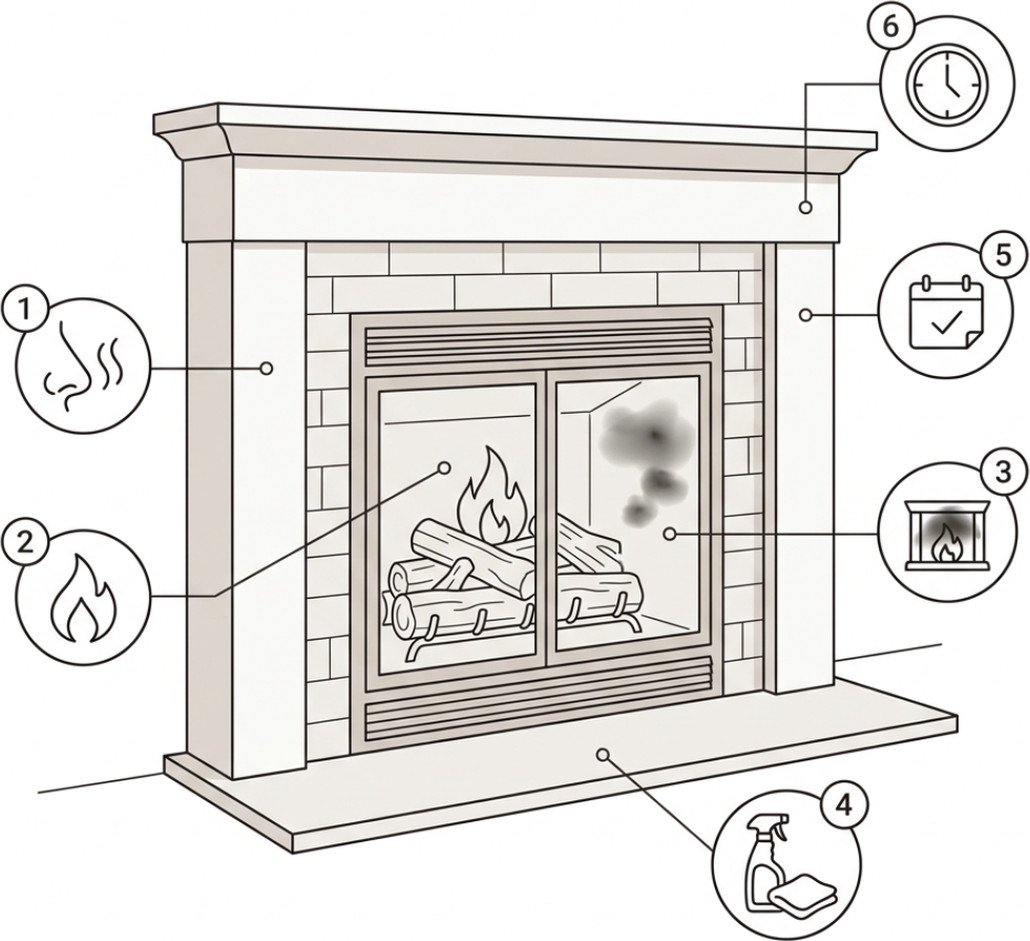 Line drawing of a gas fireplace with six numbered callouts placed around it, marking the type of smell, the flame in the firebox, soot on the glass, cleaning products near the hearth, a dated calendar, and a clock