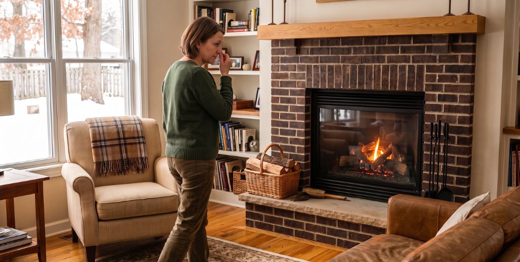 A woman in a green sweater covering her nose while standing in a living room next to a lit gas fireplace set in a dark brick surround with a thick wood mantel, with snow outside the window