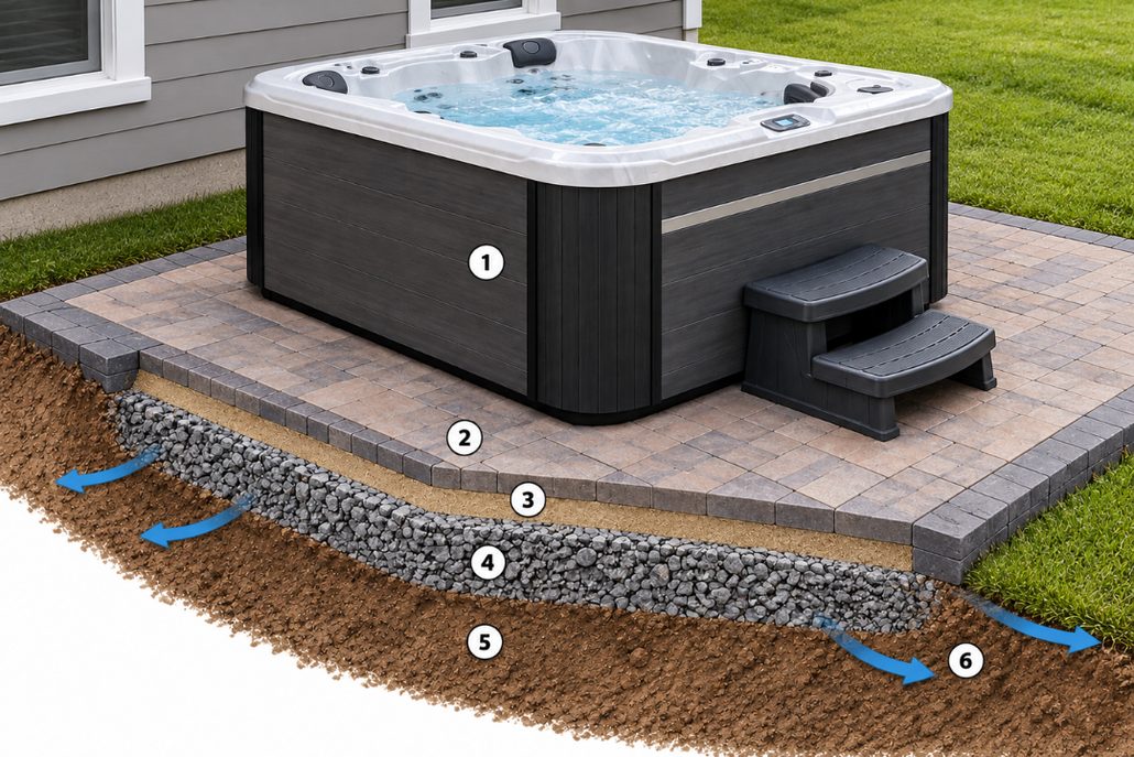 Cutaway illustration of a hot tub on a paver patio beside a house, showing the pavers on a sand bedding layer over a compacted gravel base and soil, with blue arrows showing water draining away from the patio, numbered one through six