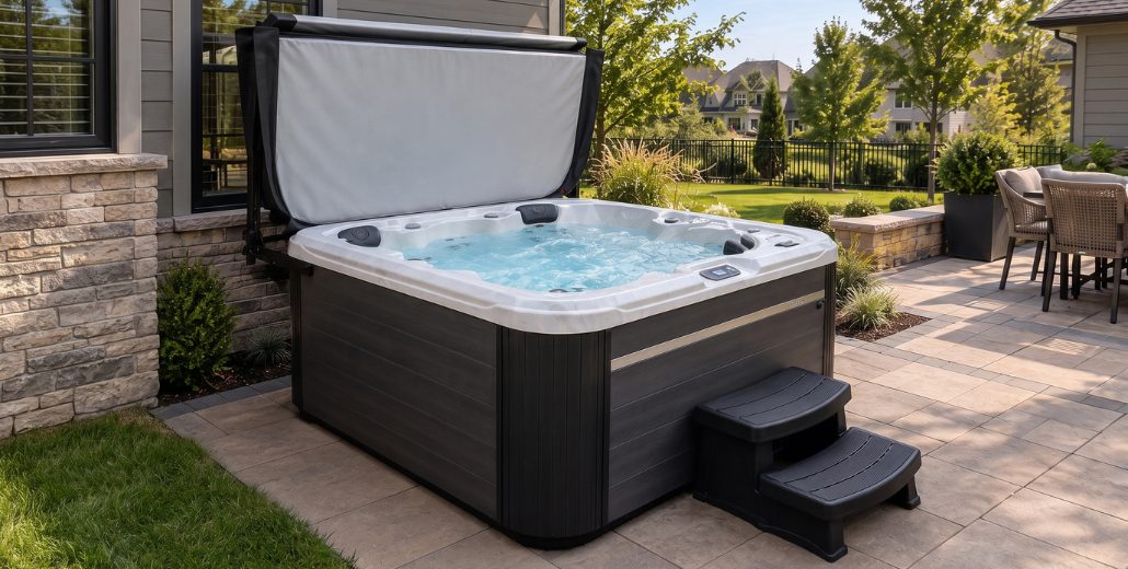 A gray hot tub with its cover lifted, sitting on a light paver patio beside a stone-faced house wall, with a two-step entry and patio dining chairs in the background