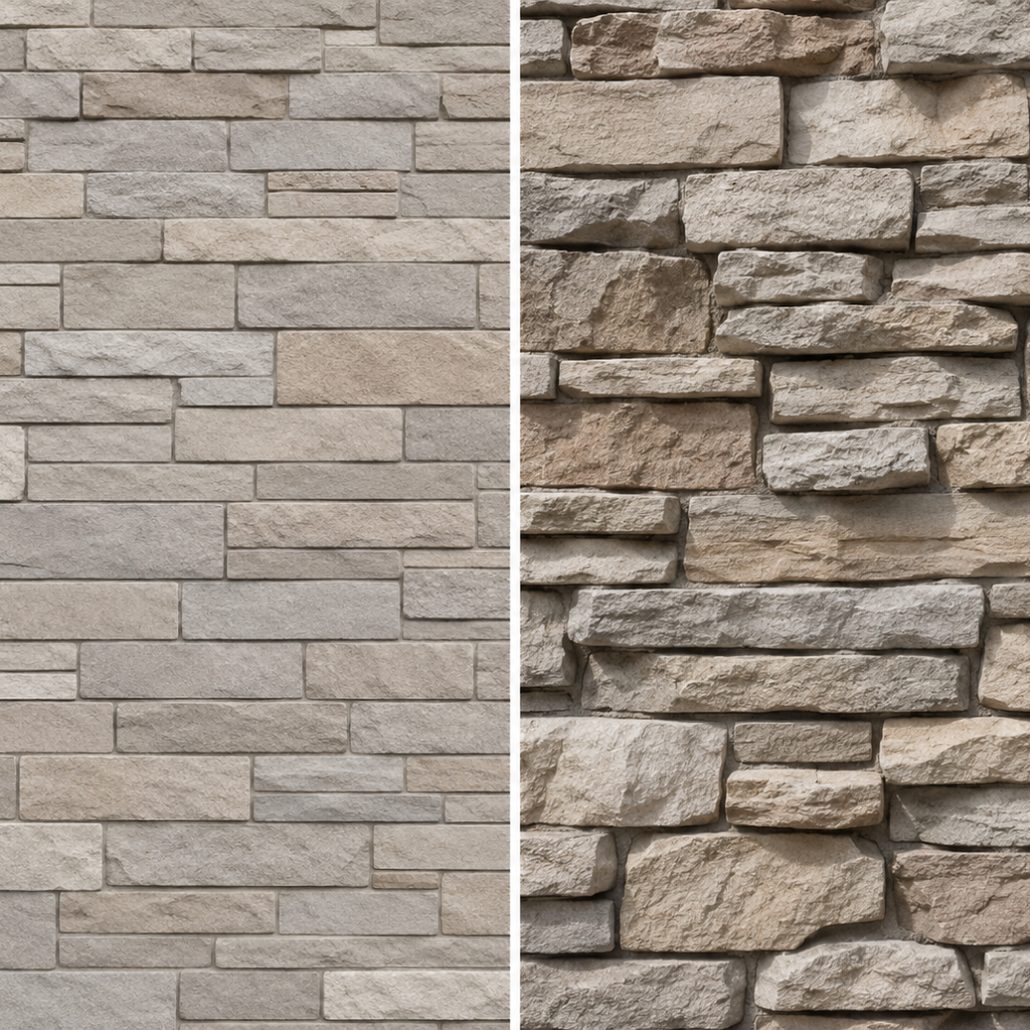 Two stone veneer panels side by side in the same tan and gray color family, the left one a flat ledgestone profile with even shallow courses, the right one a deeply textured stacked profile with thick protruding stones and heavy shadow