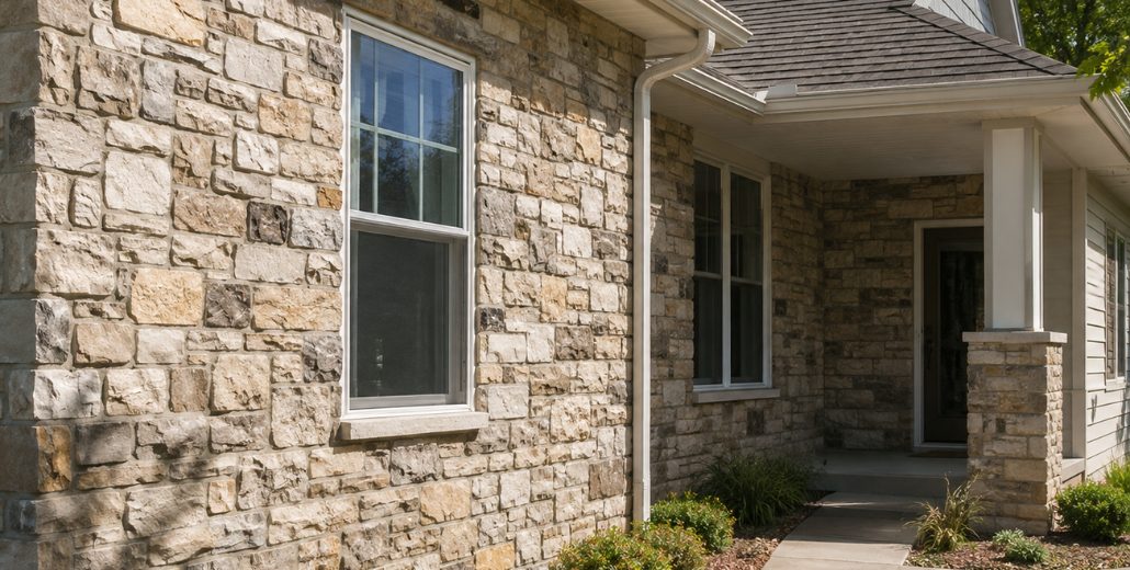 A home exterior clad in a tan, cream, and gray stone veneer blend, with white-trimmed windows, a covered entry, and a matching stone porch column in full sun