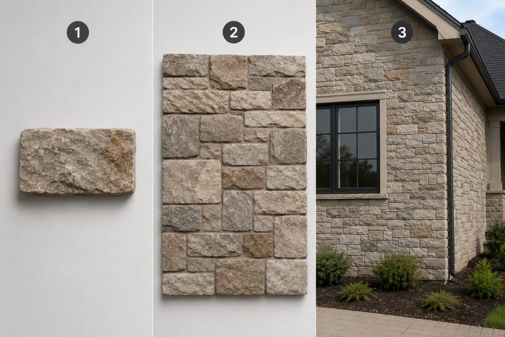 Three numbered panels of the same tan and gray stone: a single hand-sized sample, a larger installed blend panel, and the finished exterior wall of a home
