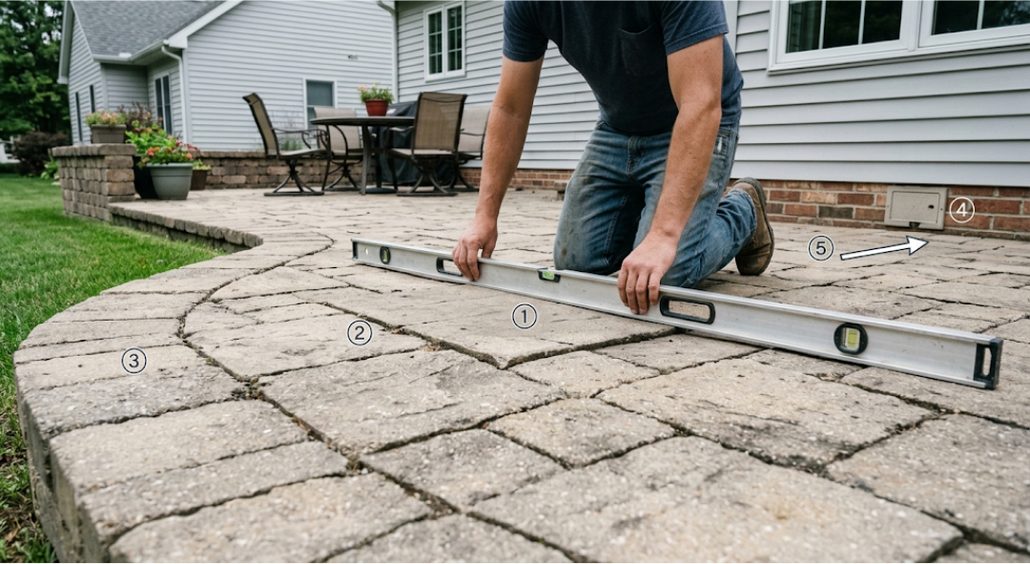 A person kneeling on an existing paver patio with a long level laid across the surface, checking for settlement near a curved patio edge, with a utility access panel on the house wall and an arrow marking the direction water drains away