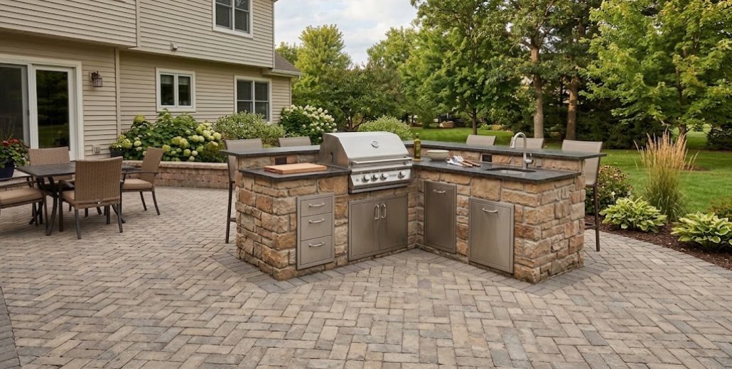 An L-shaped outdoor kitchen with a stone veneer base, stainless grill, cabinet doors and a sink under a dark countertop, set on a large tumbled paver patio beside a two-story home