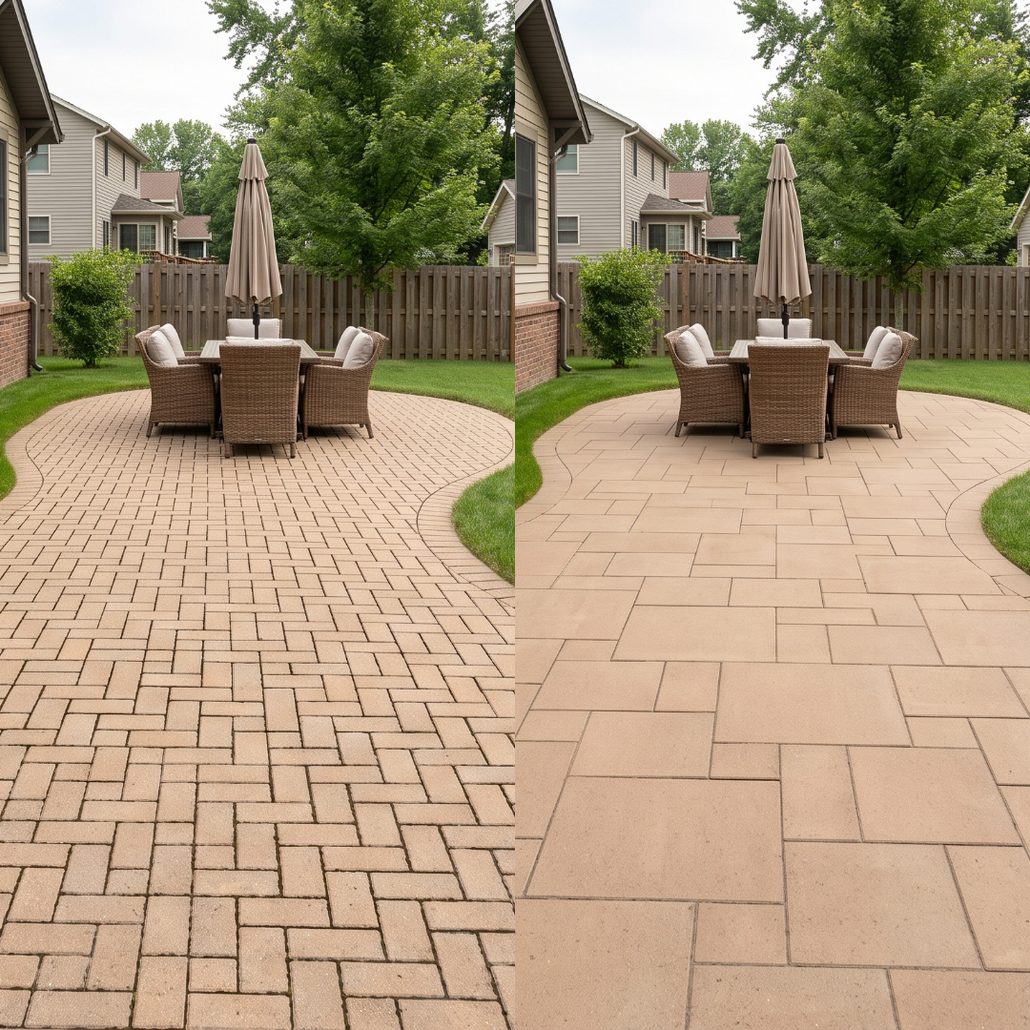The same curved backyard patio shown twice side by side, the left half laid in small brick sized pavers in a dense herringbone pattern with many joint lines, the right half laid in large format slabs with far fewer joints