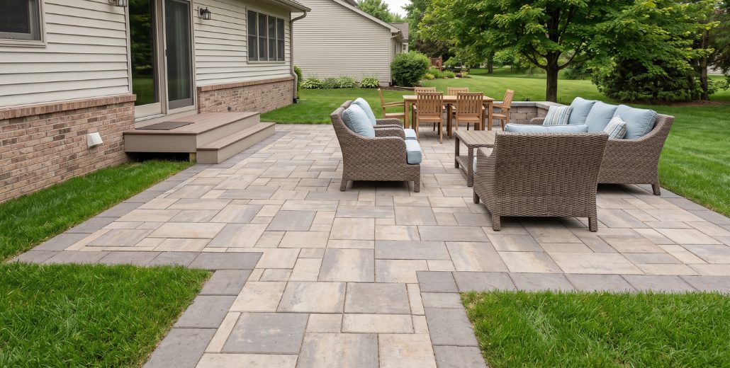 A backyard patio laid in mixed size tan and gray pavers, with wicker seating and a low table in the foreground, a wood dining set beyond, and a low curved block wall at the far edge of the lawn