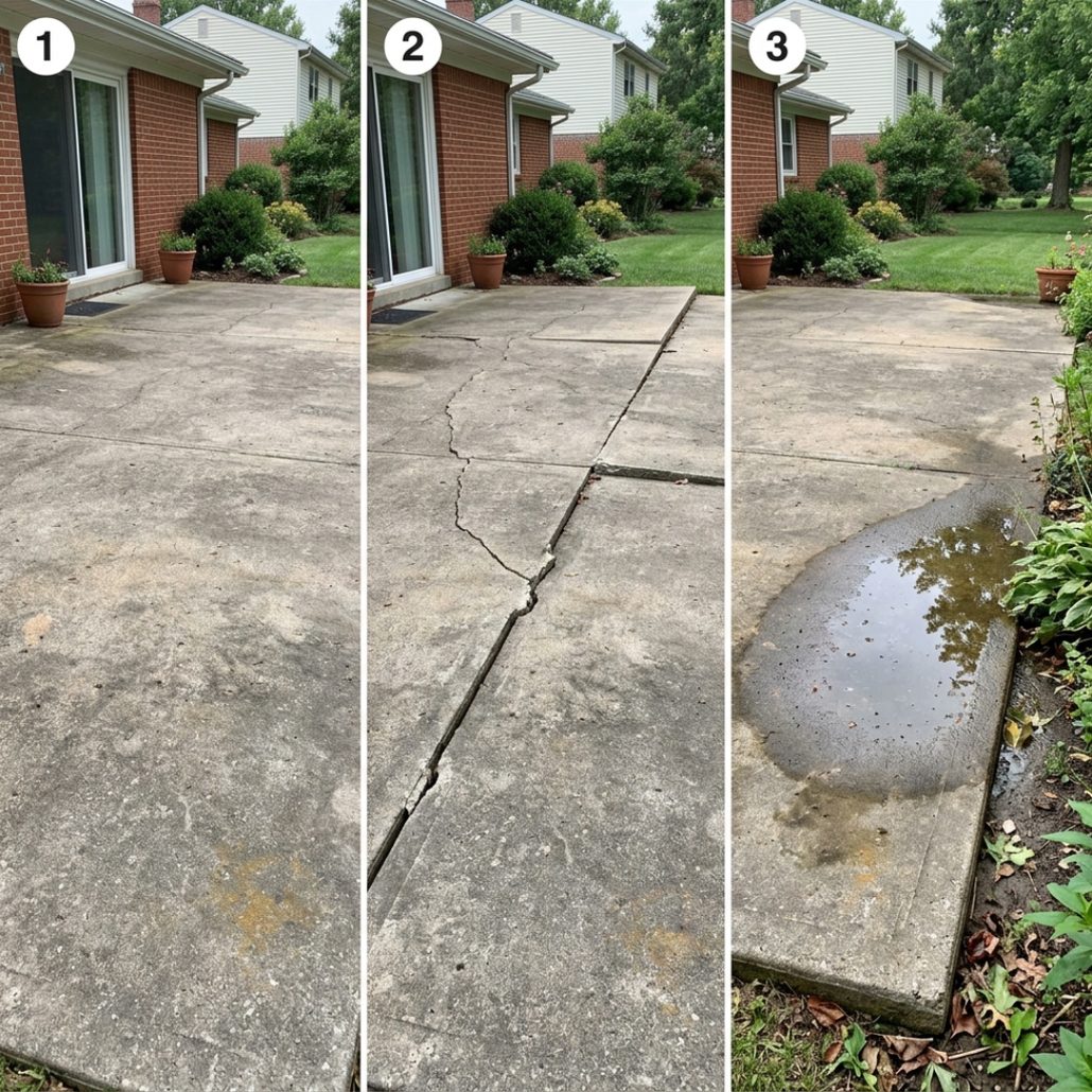 The same concrete patio photographed three times side by side, one with ordinary surface staining and no movement, one with a wide crack where one side of the slab sits higher than the other, and one with rainwater pooled along the garden edge, numbered one, two, and three