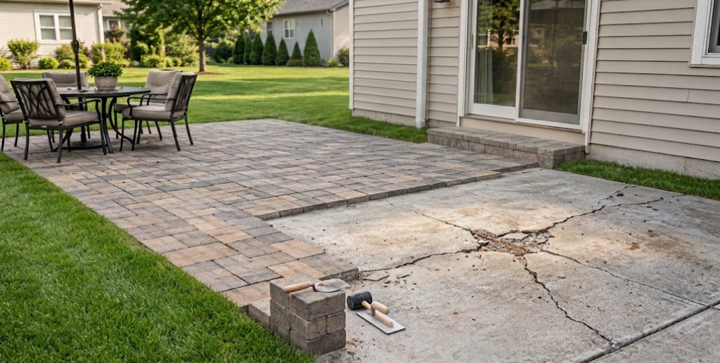 A backyard patio partway through a paver overlay, with a finished tumbled paver surface and a table and chairs on the left meeting an older cracked concrete slab on the right, and a stack of pavers and hand tools sitting between them