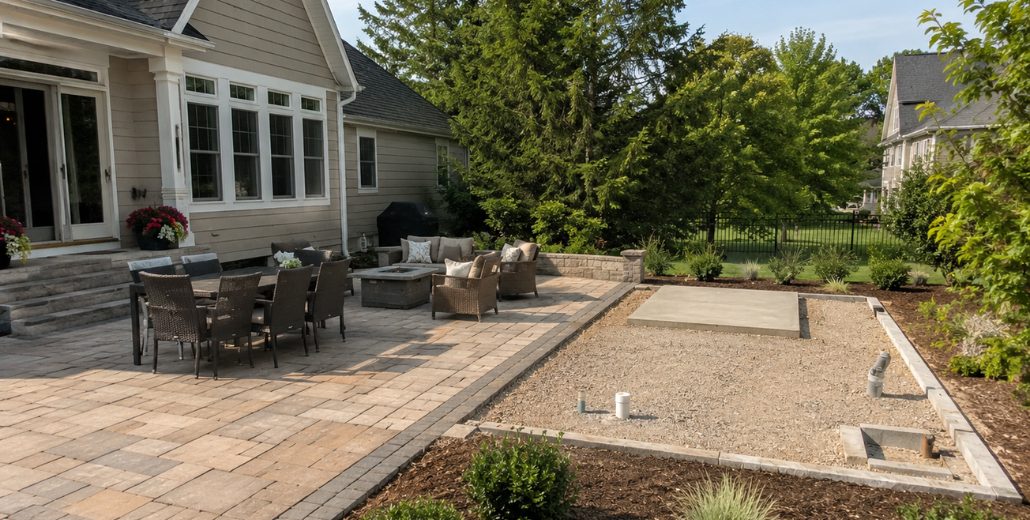 A finished paver patio and seating area beside a prepared gravel area left ready for a later phase of work