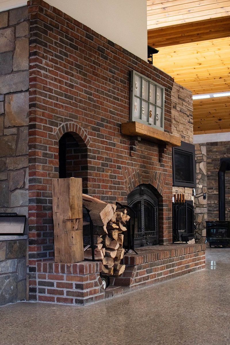Stone veneer samples stacked on a display wall