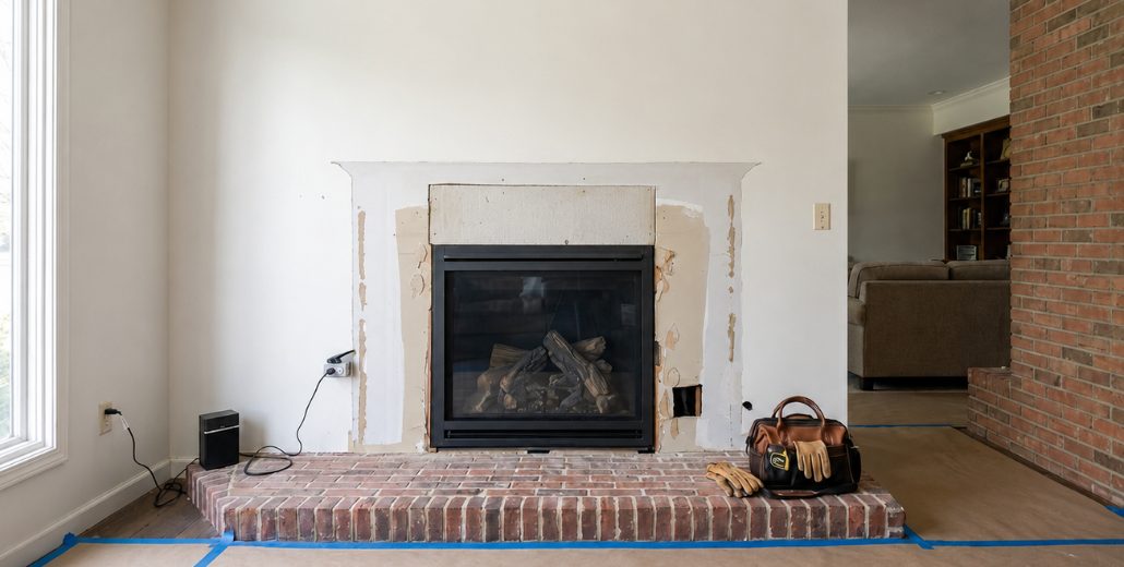 A new gas fireplace set into an existing opening during a replacement, with the original brick hearth left in place and the wall around it patched