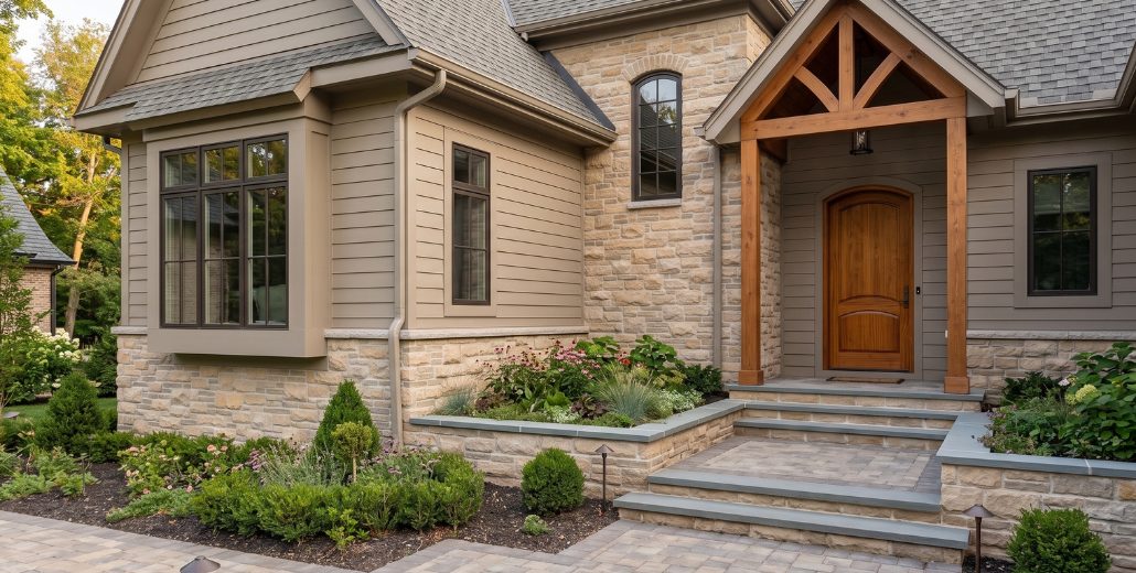 The front entry of a home combining tan lap siding, a cream and buff stone base, a gray shingle roof, dark bronze windows, a timber entry porch with a wood door, and a paver walkway with bluestone steps