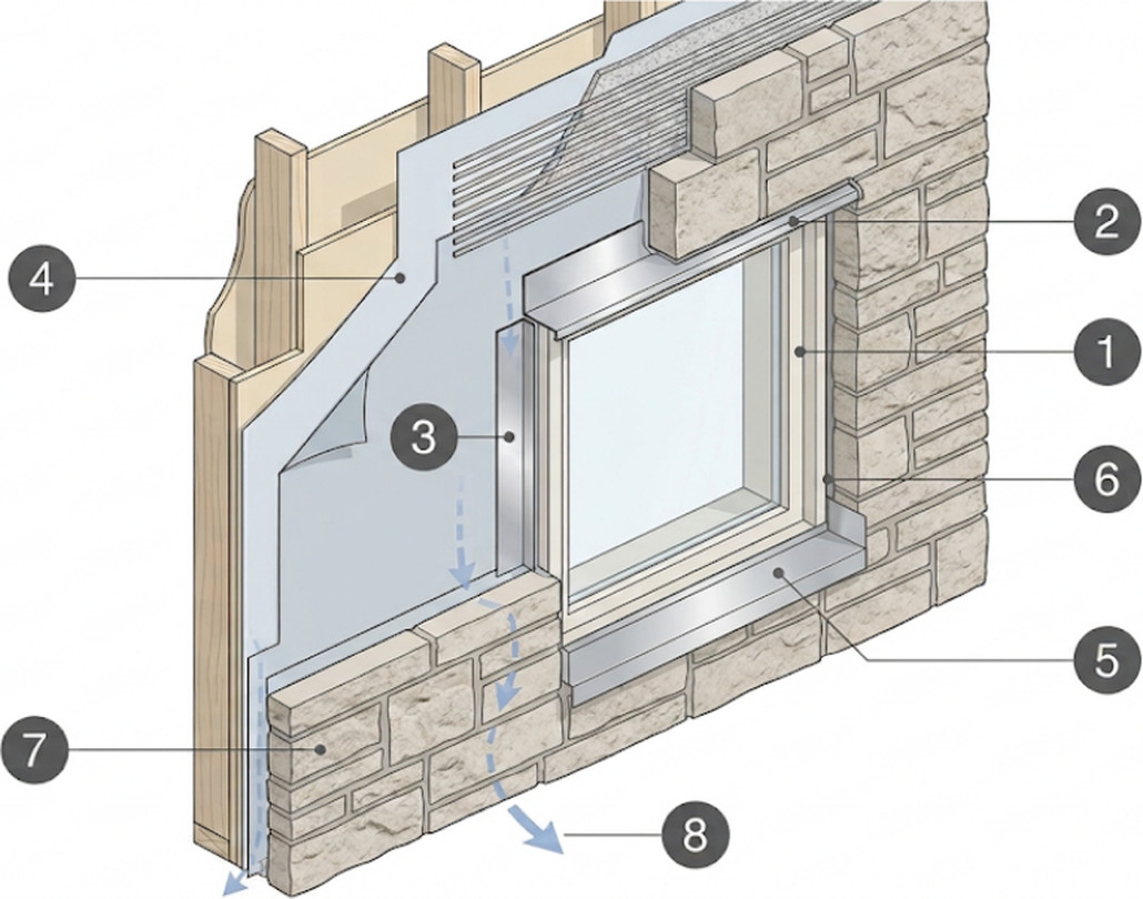 Cutaway drawing of a framed wall with a window, numbered one through eight. Wood studs and sheathing are covered by a gray water-resistive barrier, metal flashing wraps the head, jamb and sill of the window, manufactured stone veneer covers the wall around the opening, and dashed blue arrows show water running down behind the stone and out at the bottom of the wall
