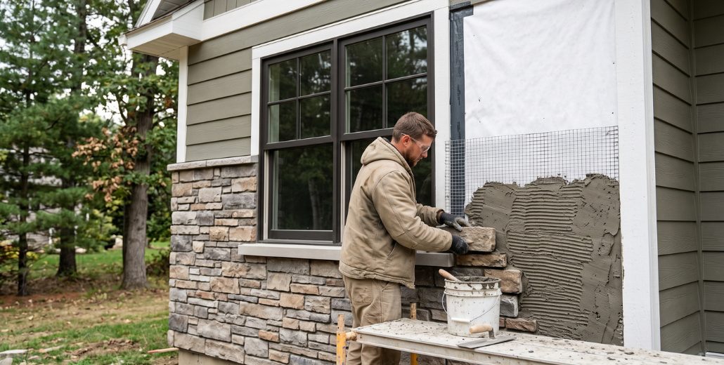 A mason in a tan work jacket and safety glasses setting manufactured stone veneer into fresh mortar beside a black-framed window, with metal lath and a white water-resistive barrier still exposed on the wall above and finished stone and a sill already in place below the window