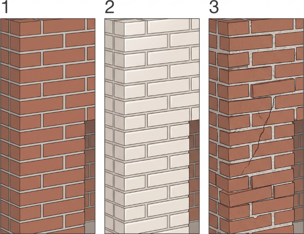 Three drawings of the same brick corner side by side, numbered one, two and three. The first shows clean red brick with even mortar joints, the second shows the same brick painted white, and the third shows red brick with a long crack running through it, broken faces and crumbling mortar