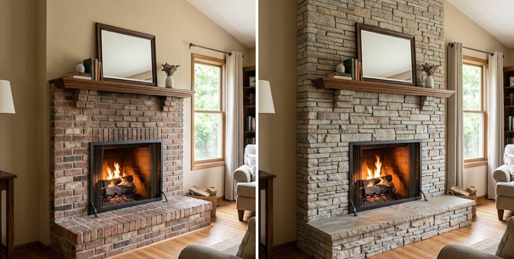 The same living room fireplace shown twice side by side, first with a worn red brick face, brick hearth and dark wood mantel, then with the brick refinished in light stacked stone veneer across the face and hearth with the same mantel and mirror still in place