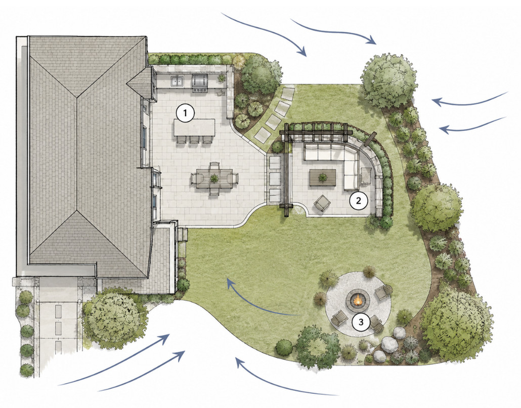 Overhead site plan with arrows showing wind arriving from several directions, the outdoor kitchen set against the house, seating sheltered by a pergola and low wall, and the fire pit placed out in the lawn