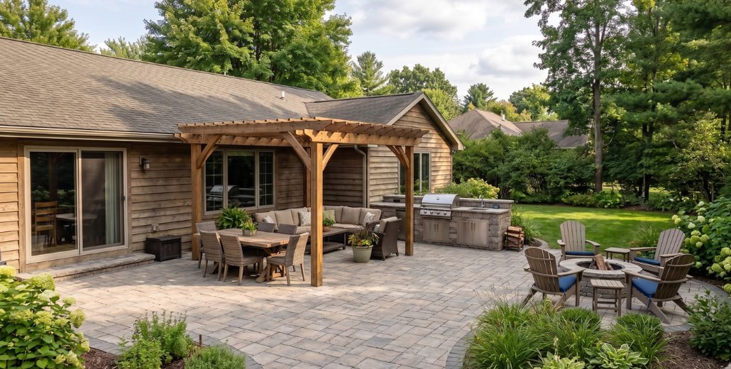 A paver patio with a wood pergola shading the dining table and lounge seating, a built-in grill along the house, and a separate fire pit ringed by Adirondack chairs