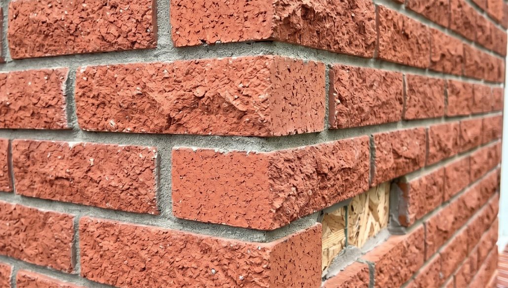 A close view along a red brick wall to an outside corner, where corner units wrap the corner and continue the coursing, with an unfinished section further along the wall exposing the wood sheathing behind the brick
