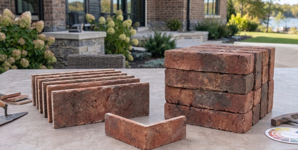 A row of thin brick flats standing on edge next to a single thin brick corner unit, with a stack of full-depth face brick beside them on a concrete patio, a brick home and lake in the background