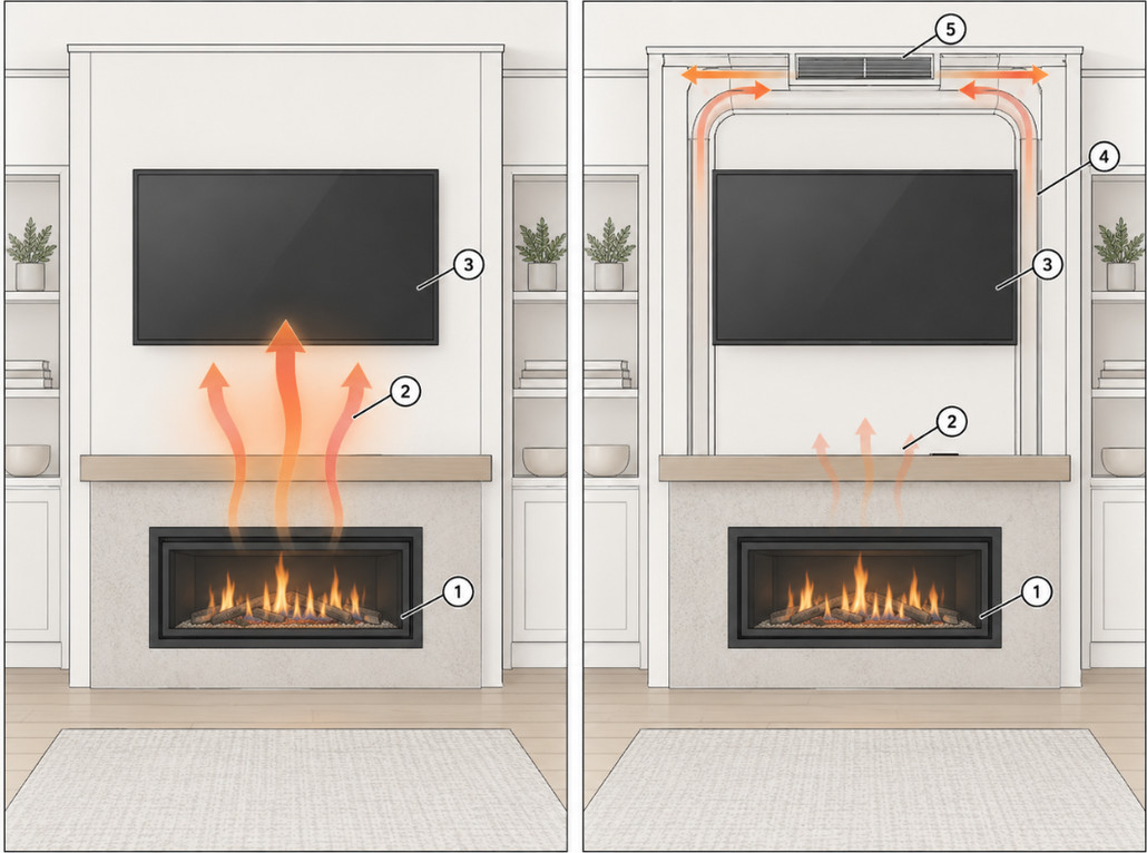 Side-by-side line drawings of the same fireplace wall with a TV above a mantel. On the left, heat rises from the fireplace straight toward the TV. On the right, a heat-management channel carries warm air up both sides of the TV and out through a vent grille near the ceiling, and only faint heat rises toward the screen