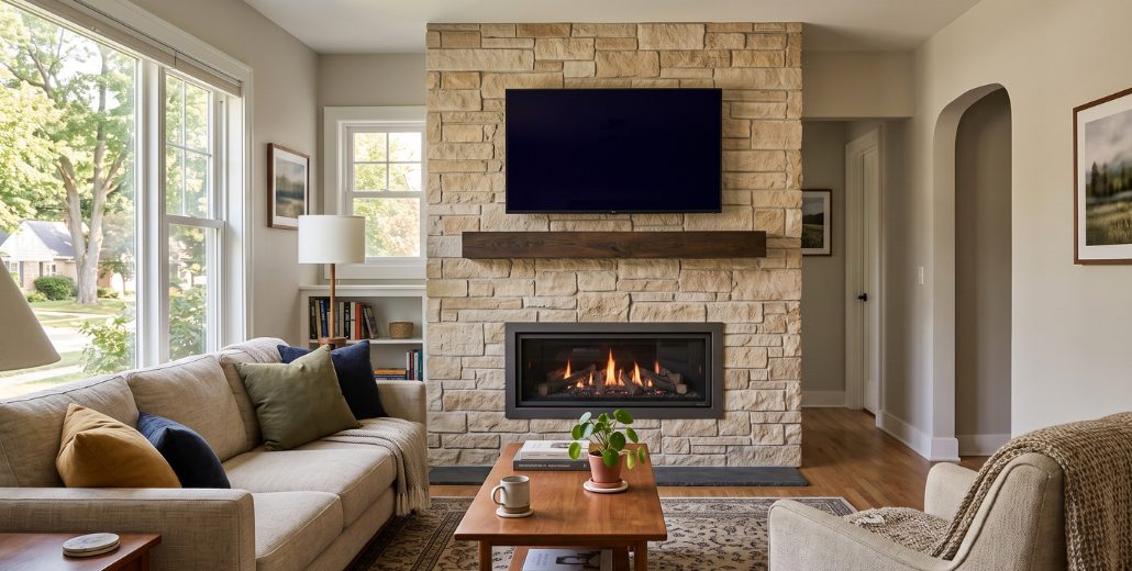 A living room with a flat-screen TV mounted on a light stacked-stone fireplace wall, a dark wood mantel shelf below it, and a linear gas fireplace burning near the floor