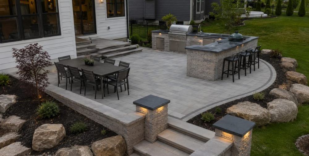 A raised paver patio with an outdoor kitchen, a dining table and stone steps