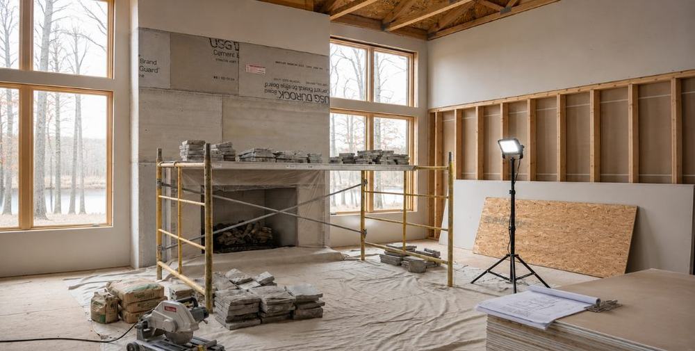 Builder preparing for fireplace installation in a West Michigan home project