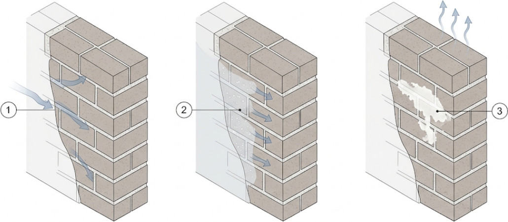 Line drawing of the same brick wall shown three times with numbered keys: arrows carrying moisture into the masonry, dissolved salts traveling with that moisture toward the face, and a white salt deposit left on the brick as the water evaporates