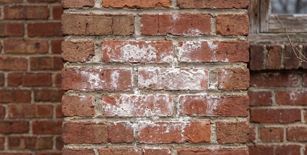 A red brick pier with white powdery efflorescence spread across the faces of several bricks and along the mortar joints, with more brickwork softly out of focus behind it