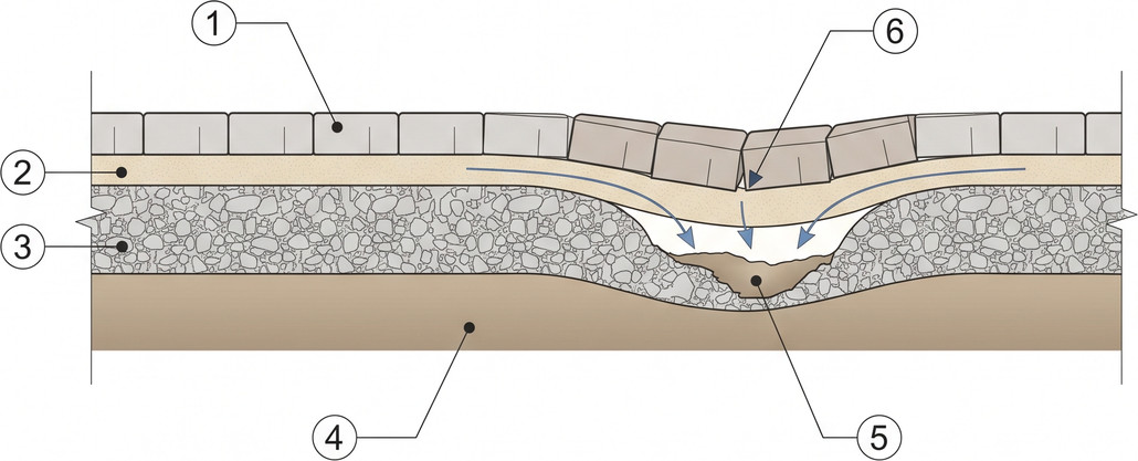 Cross-section line drawing of a paver patio showing pavers on a bedding layer over a compacted aggregate base and soil, with several pavers tilted down into a dip where the base has washed out and arrows showing water moving toward the low spot, numbered one through six