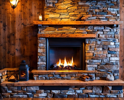 fireplace and wood interior with burning candles