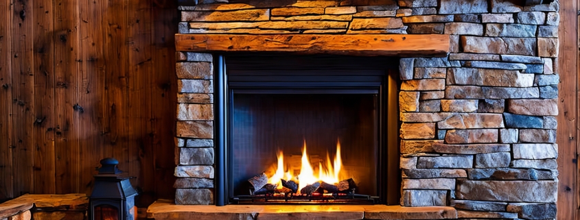 fireplace and wood interior with burning candles