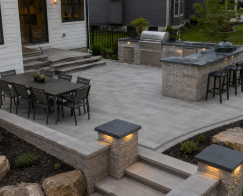 Outdoor living space with patio and hardscape planning for a West Michigan home